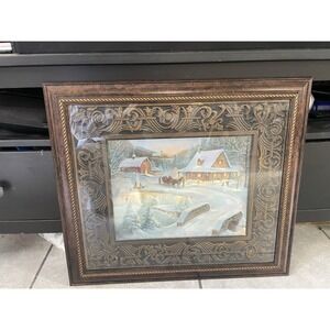 Ruane Manning Winter Snow Scene Framed Horse Sleigh Cabin Americana Art 20"x23"